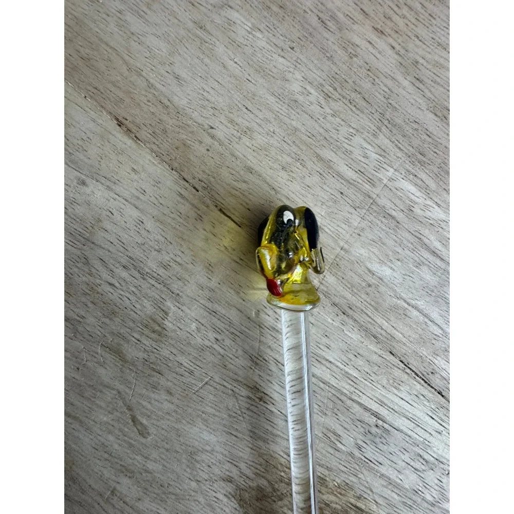 Vintage Art Glass Swizzle Stick Yellow Black‎ Dog Dachshund Figural Bar Stirrer